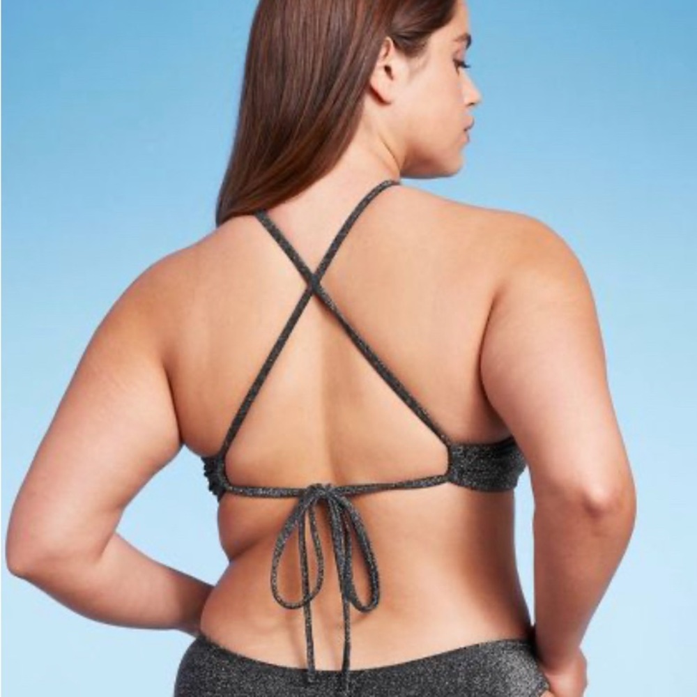 NWT WILD FABLE WOMENS BIKINI TOP HALTER BRALETTE BLACK LUREX - Picture 7 of 7